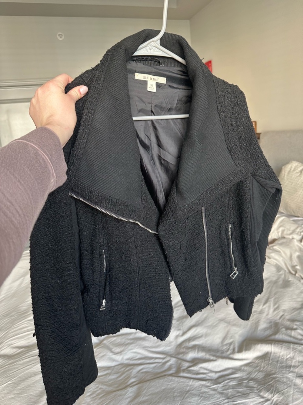 miami Black Textured Asymmetric Zip Jacket